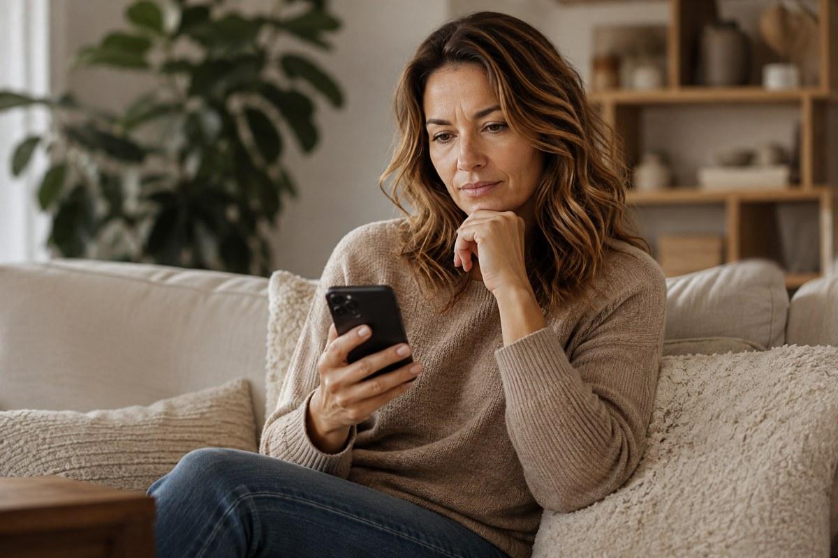 Frau sitzt nachdenklich mit dem Smartphone auf dem Sofa